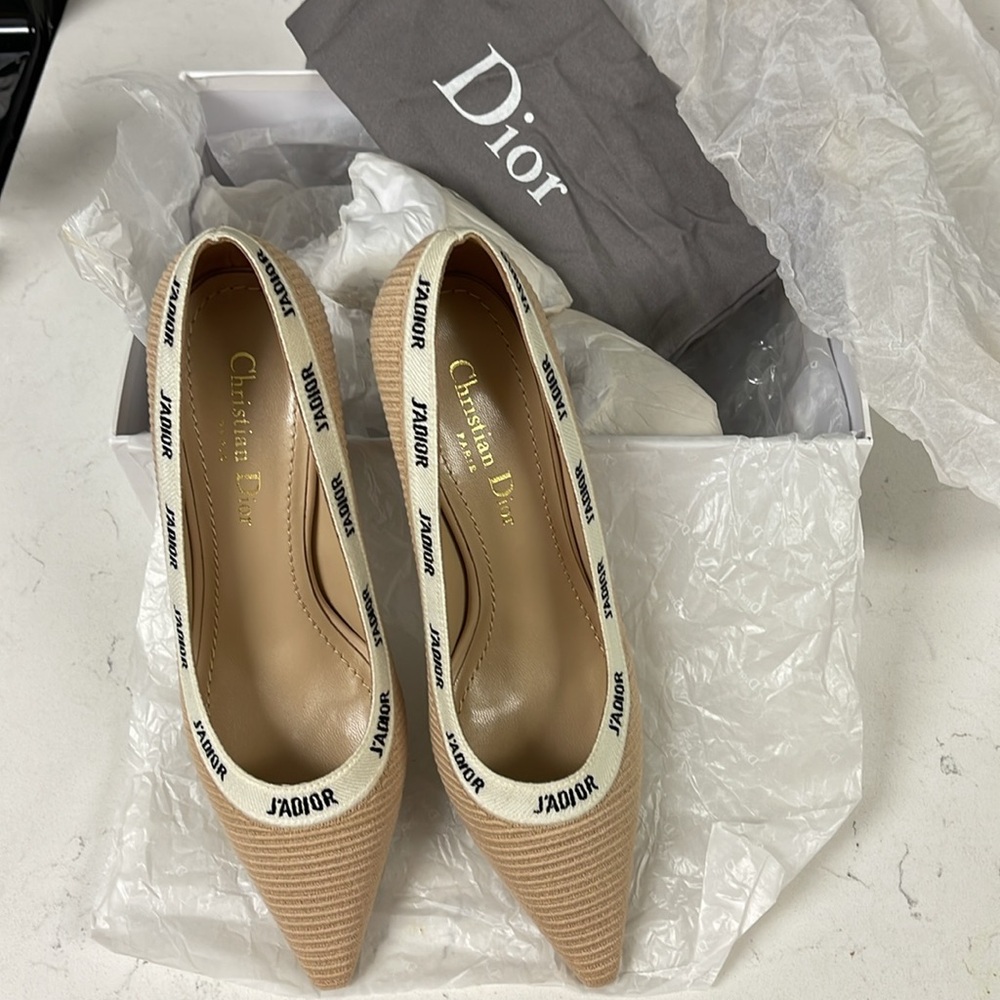 Dior Fabric & Ribbon Embroidered J'Adior Pumps 39 Aprioct Line - Picture 16 of 17